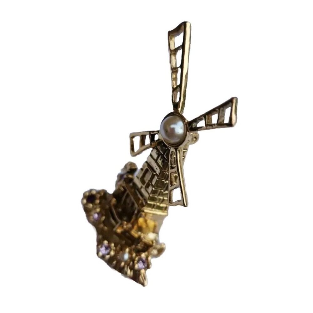 Windmill Bejeweled Faux Pearl & Lavender Rhinestones GoldTone Metal Pin Brooch - Picture 9 of 10